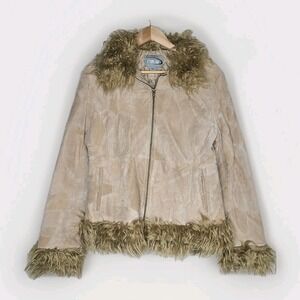 Vintage Rave Penny Lane Coat Women's Size XL Tan‎ Suede Patchwork Faux Fur Y2K